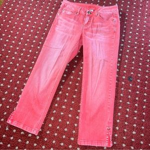 Cache Red Faded Cropped Jeans w/ Sparkle Rhinestone Details - Split Cropped Leg